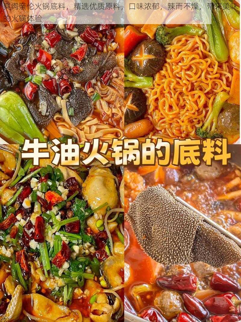 爽肉亲伦火锅底料，精选优质原料，口味浓郁，辣而不燥，带来美味的火锅体验