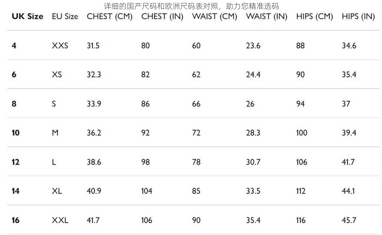 详细的国产尺码和欧洲尺码表对照，助力您精准选码