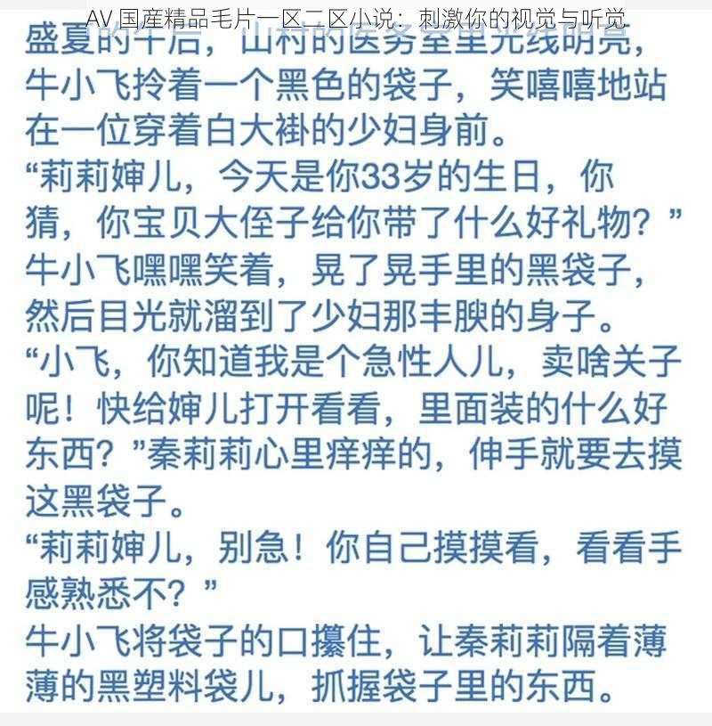 AV 国産精品毛片一区二区小说：刺激你的视觉与听觉